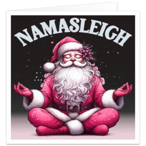 Funny Namasleigh Christmas card featuring a meditating Santa Claus in a pink festive suit sitting in the lotus yoga pose on a black background with the word "Namasleigh" above. Humorous Christmas greeting card for yoga and meditation lovers.
