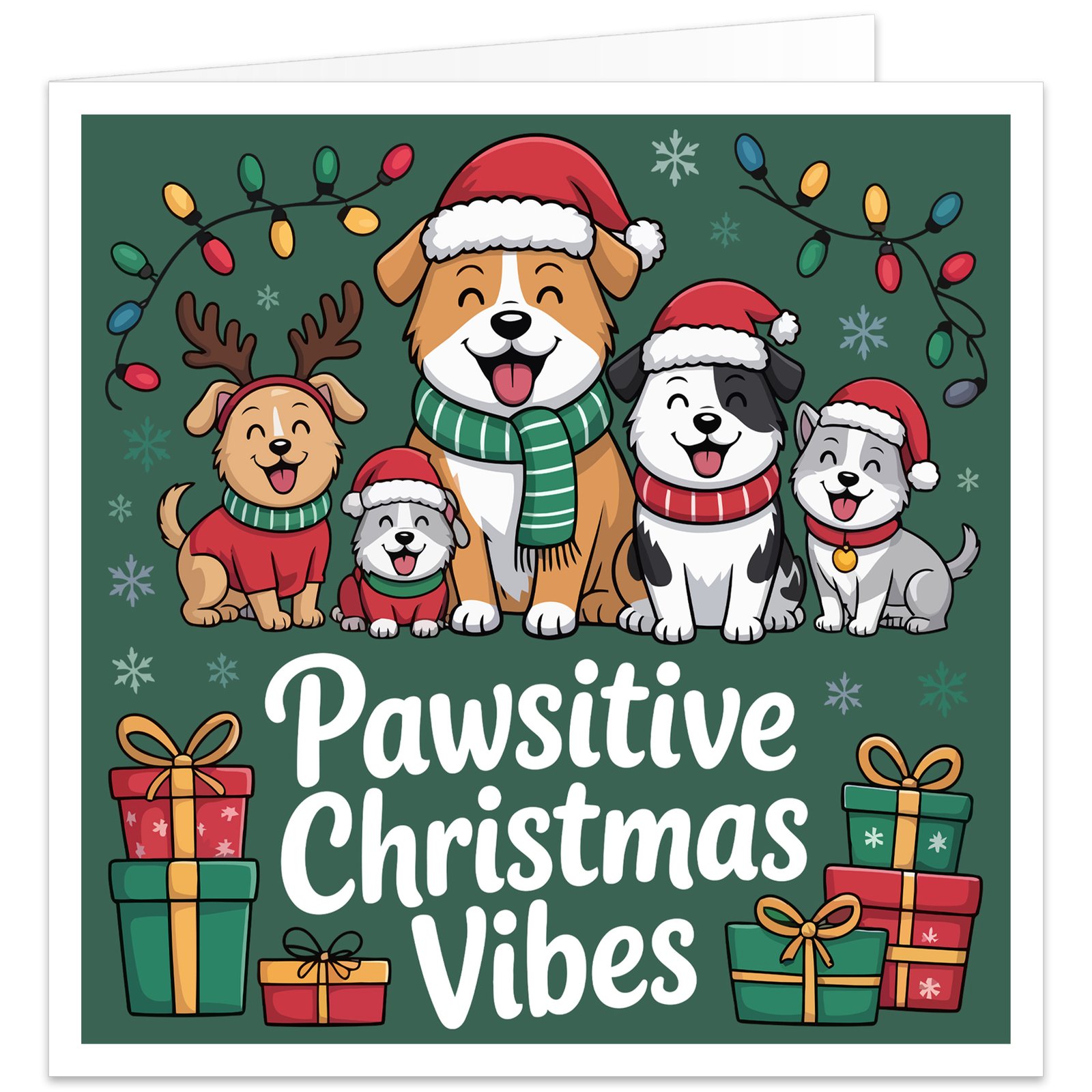 Christmas card featuring five cute cartoon dogs in festive hats, scarves and reindeer antlers, with presents, fairy lights and the message Pawsitive Christmas Vibes.
