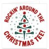 Golf-themed Christmas card featuring “Rockin’ Around the Christmas Tee!” with a festive tree made from green golf tees and red golf balls, surrounded by snowflakes on a white background.