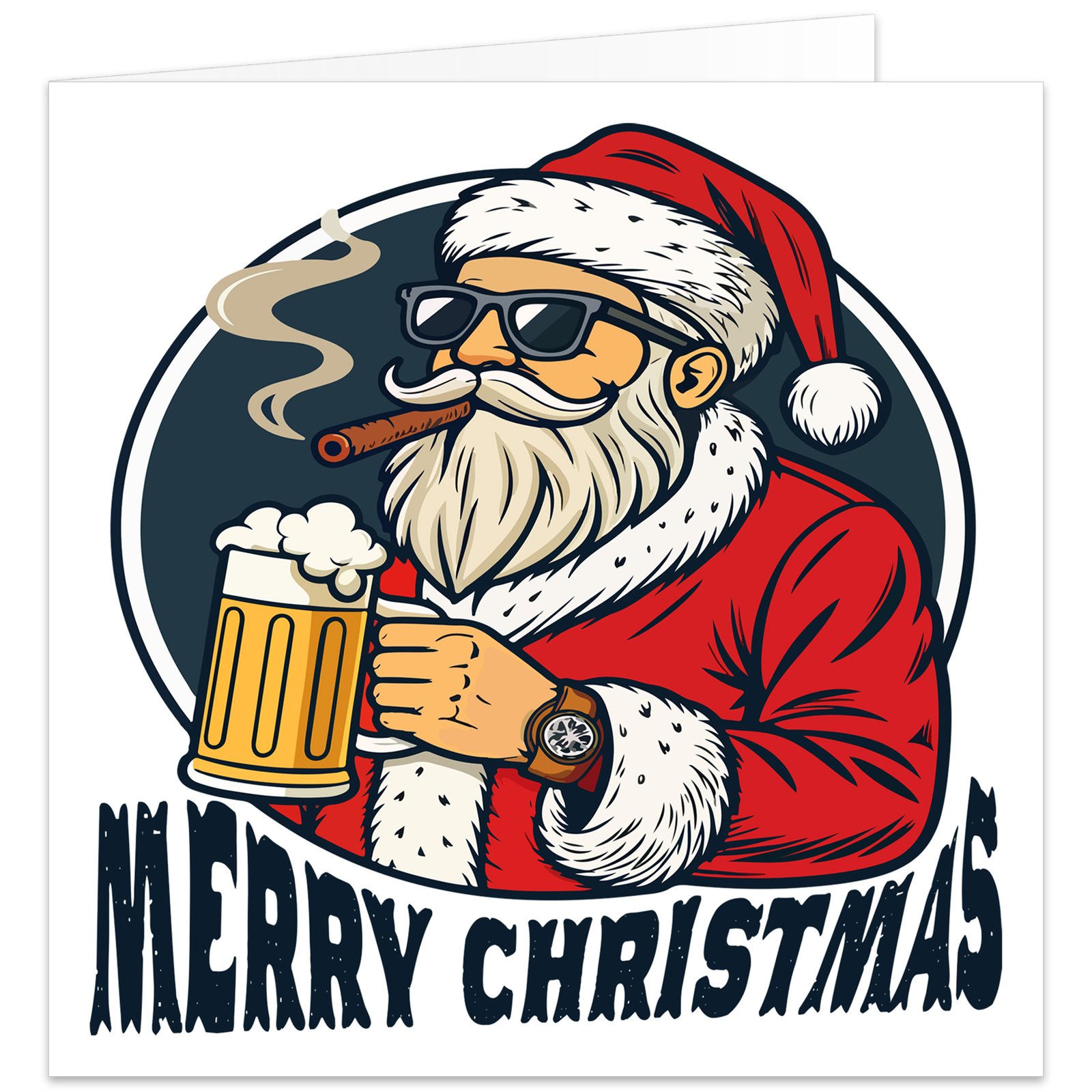 Funny Christmas card featuring Father Christmas in sunglasses, holding a frothy pint of beer and smoking a cigar, with a bold Merry Christmas greeting.
