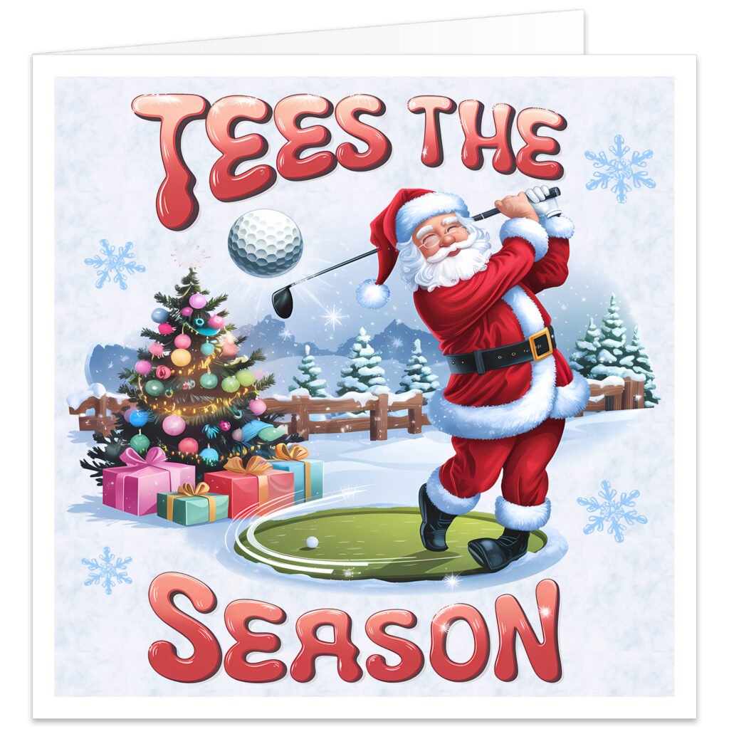 Funny Tees the Season Christmas card featuring Father Christmas playing golf in a snowy festive scene with a decorated Christmas tree and presents.
