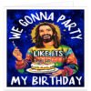 Funny Christmas card featuring cartoon Jesus in a colourful festive jumper, holding a birthday cake with candles against a blue snowflake background, with the slogan “We Gonna Party Like It’s My Birthday”.