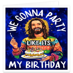 Funny Christmas card featuring cartoon Jesus in a colourful festive jumper, holding a birthday cake with candles against a blue snowflake background, with the slogan “We Gonna Party Like It’s My Birthday”.