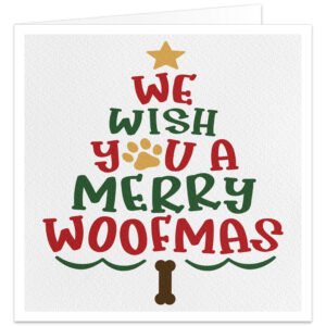 Merry Woofmas dog Christmas card with red, green and gold festive lettering, golden paw print, star and dog bone design on a textured white background.