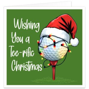 Funny golf Christmas card featuring a golf ball on a red tee wearing a Father Christmas hat and wrapped in colourful festive lights, with the message “Wishing You a Tee-rific Christmas” on a green background.