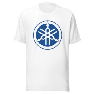 Yamaha Tuning Fork Logo T-Shirt – White Shirt Blue Logo – All Sizes – Good Quality Motorcycle Tee