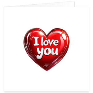 Features a bold red heart with the words “I Love You” across the centre, creating a timeless and romantic Valentine’s Day card.