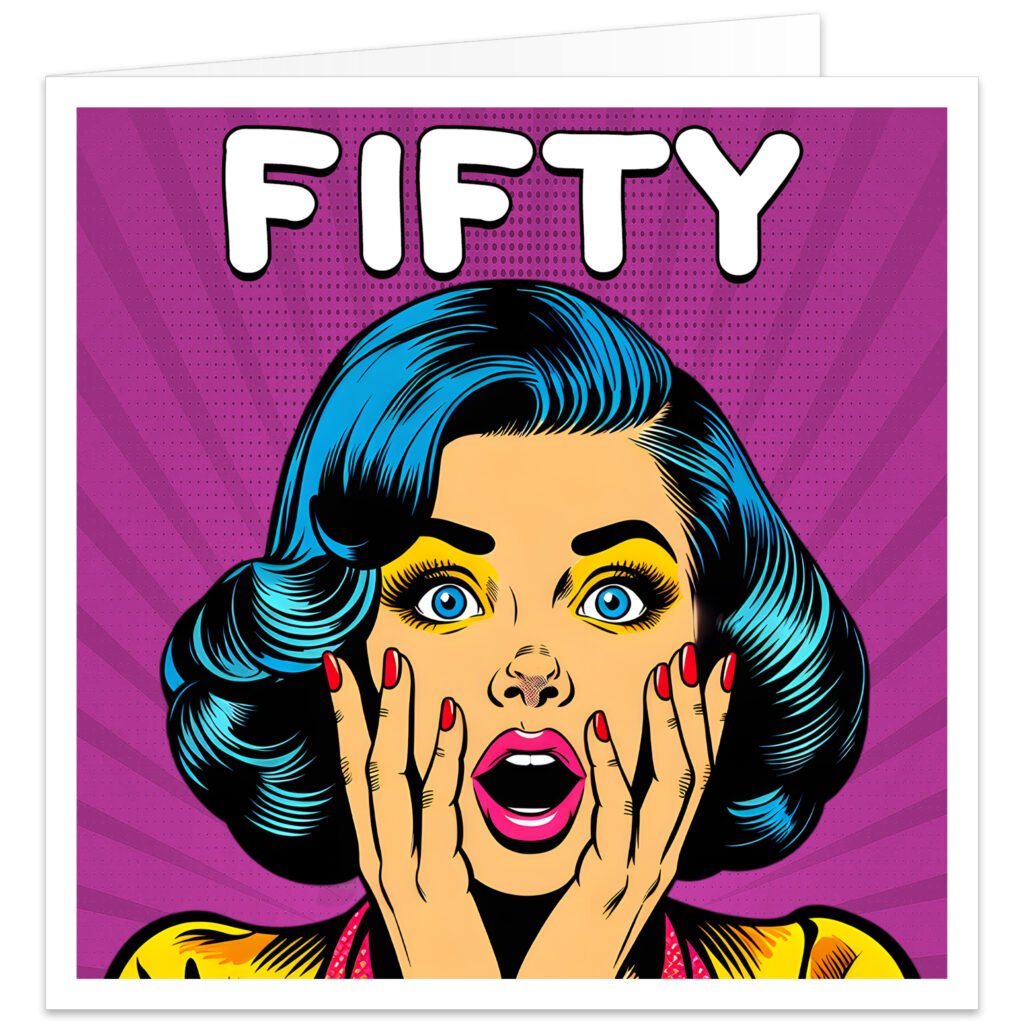 **Alt Text:** Funny 50th birthday card for women featuring a retro pop art illustration of a shocked blue-haired woman on a vibrant purple comic-style background with the word "FIFTY" in large white letters. Square milestone birthday card, blank inside with envelope included.