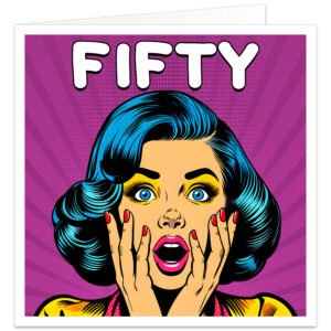 **Alt Text:** Funny 50th birthday card for women featuring a retro pop art illustration of a shocked blue-haired woman on a vibrant purple comic-style background with the word "FIFTY" in large white letters. Square milestone birthday card, blank inside with envelope included.