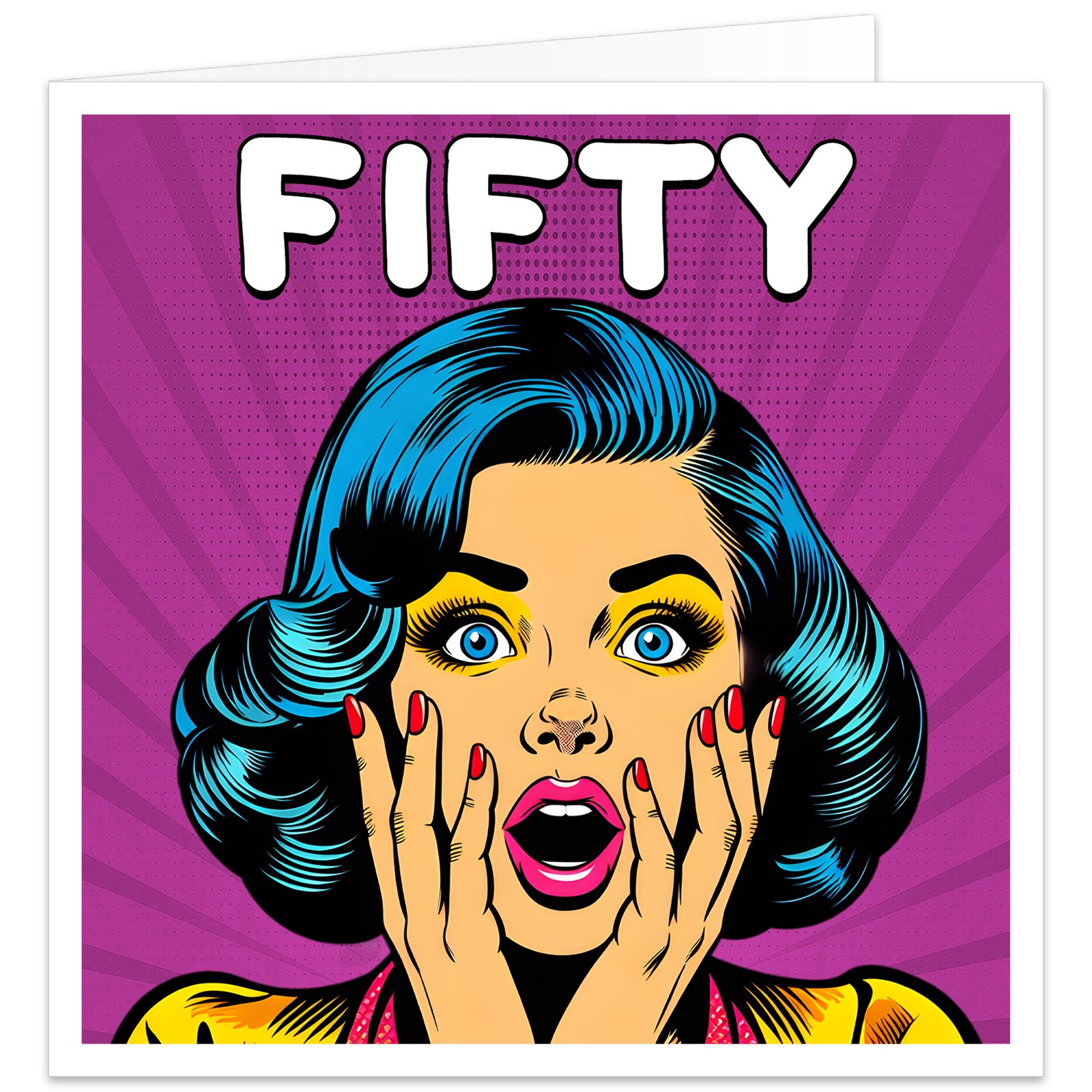 **Alt Text:** Funny 50th birthday card for women featuring a retro pop art illustration of a shocked blue-haired woman on a vibrant purple comic-style background with the word "FIFTY" in large white letters. Square milestone birthday card, blank inside with envelope included.
