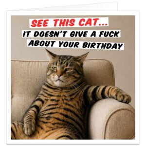 Funny cat birthday card featuring a laid-back tabby lounging in an armchair with an unimpressed expression beneath the words "See This Cat... It Doesn't Give a F**k About Your Birthday" on a minimalist neutral background.