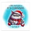 Funny cat Christmas card featuring a grumpy fluffy grey cat wearing a red Santa hat and snowflake scarf, surrounded by broken red baubles on a turquoise watercolour background. Text reads “A little bird told me it’s Christmas” and “So I ate it”. Humorous festive card for cat lovers, cat mums, cat dads and cat owners.