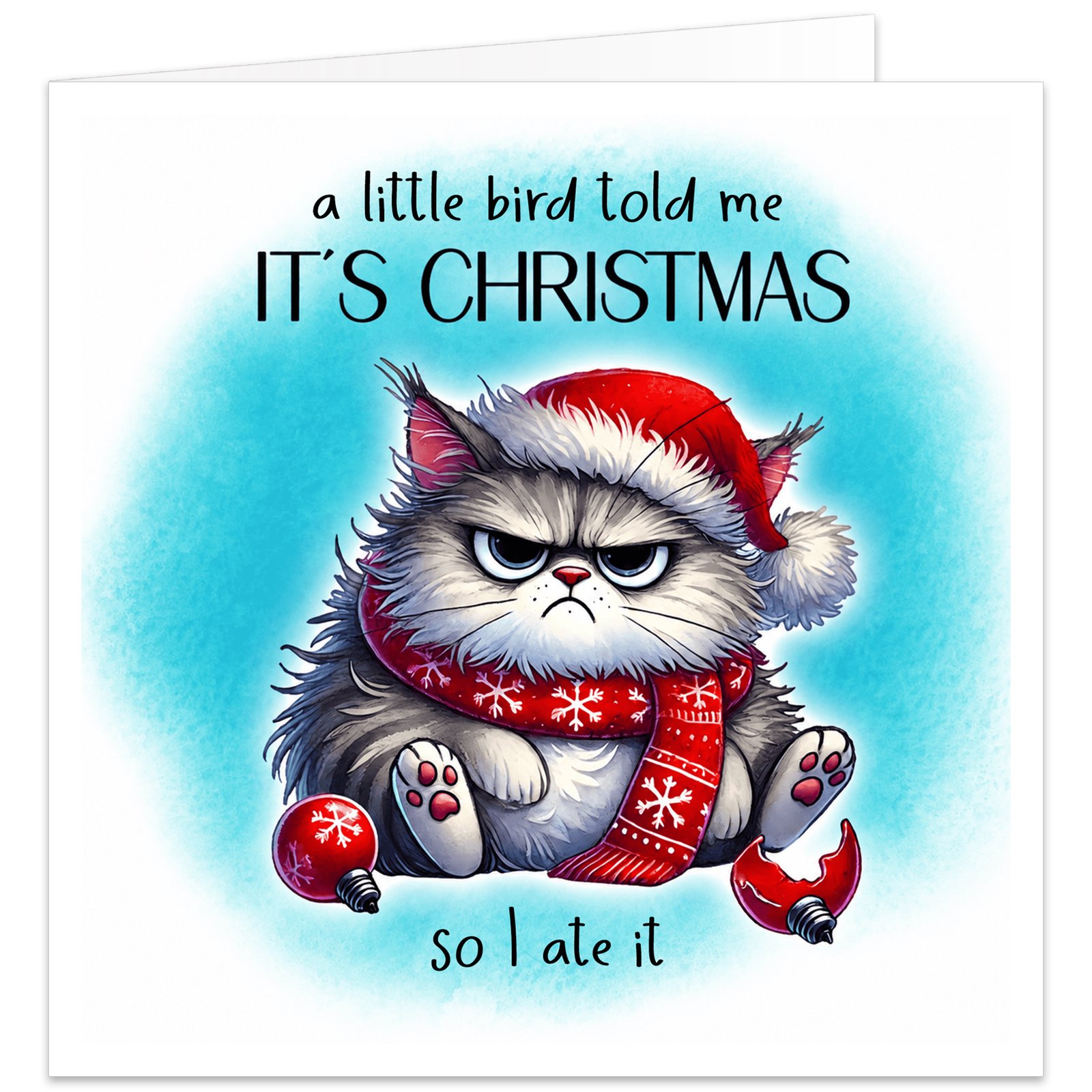 Funny cat Christmas card featuring a grumpy fluffy grey cat wearing a red Santa hat and snowflake scarf, surrounded by broken red baubles on a turquoise watercolour background. Text reads “A little bird told me it’s Christmas” and “So I ate it”. Humorous festive card for cat lovers, cat mums, cat dads and cat owners.