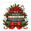 Book-themed Christmas card featuring a festive stack of red, green, cream and navy books with the text “All Booked for Christmas” across the spines. Decorated with holly, red berries, fir branches, poinsettia, candy cane, snowflakes, gold stars and a large red bow. Traditional literary Christmas design on a white background, ideal for book lovers, avid readers, bookworms, friends, family and colleagues.