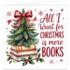 Book lover Christmas card featuring the text “All I Want for Christmas is More Books” in festive red lettering. The design shows a miniature evergreen Christmas tree arranged on a stack of books, decorated with red berries and topped with a large red ribbon bow. Holly, berries and red snowflakes surround the books on a clean white background, creating a cheerful festive design for readers, bookworms, teachers and librarians.