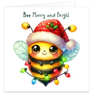 Cute bee-themed Christmas card featuring a fluffy yellow and black bumblebee with large sparkling eyes, rosy cheeks and delicate wings, wearing a red Santa hat with holly and wrapped in colourful festive Christmas lights. Elegant dark green text above reads “Bee Merry and Bright” on a clean white background.
