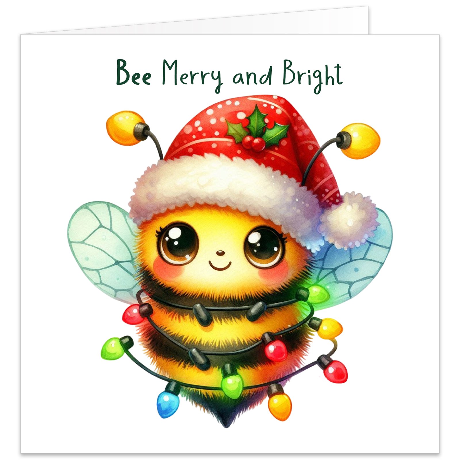 Cute bee-themed Christmas card featuring a fluffy yellow and black bumblebee with large sparkling eyes, rosy cheeks and delicate wings, wearing a red Santa hat with holly and wrapped in colourful festive Christmas lights. Elegant dark green text above reads “Bee Merry and Bright” on a clean white background.