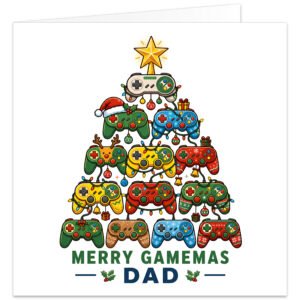 Colourful gaming Christmas card for Dad featuring video game controllers arranged into a Christmas tree topped with a gold star. Red, green, blue and yellow controllers are decorated with festive lights, baubles, snowflakes, Santa hats, reindeer antlers and presents. Bold text underneath reads “Merry Gamemas Dad”, with holly sprigs and decorative lines on a clean white background.