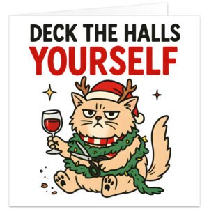 Funny cat Christmas card featuring a grumpy ginger cat wearing a red Santa hat and striped festive scarf, tangled in green Christmas garland. The cat holds a glass of red wine and scissors beneath the humorous text “Deck The Halls Yourself”, with bold black and red lettering on a white background.
