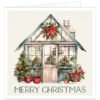 Watercolour festive greenhouse Christmas card featuring a traditional glasshouse filled with lush green plants and potted foliage, decorated with a large Christmas wreath, bright red bows, holly berries, miniature fir trees and touches of winter snow. Elegant dark green text below the illustration reads “Merry Christmas”, creating a traditional botanical design for a keen gardener, plant lover or greenhouse enthusiast.