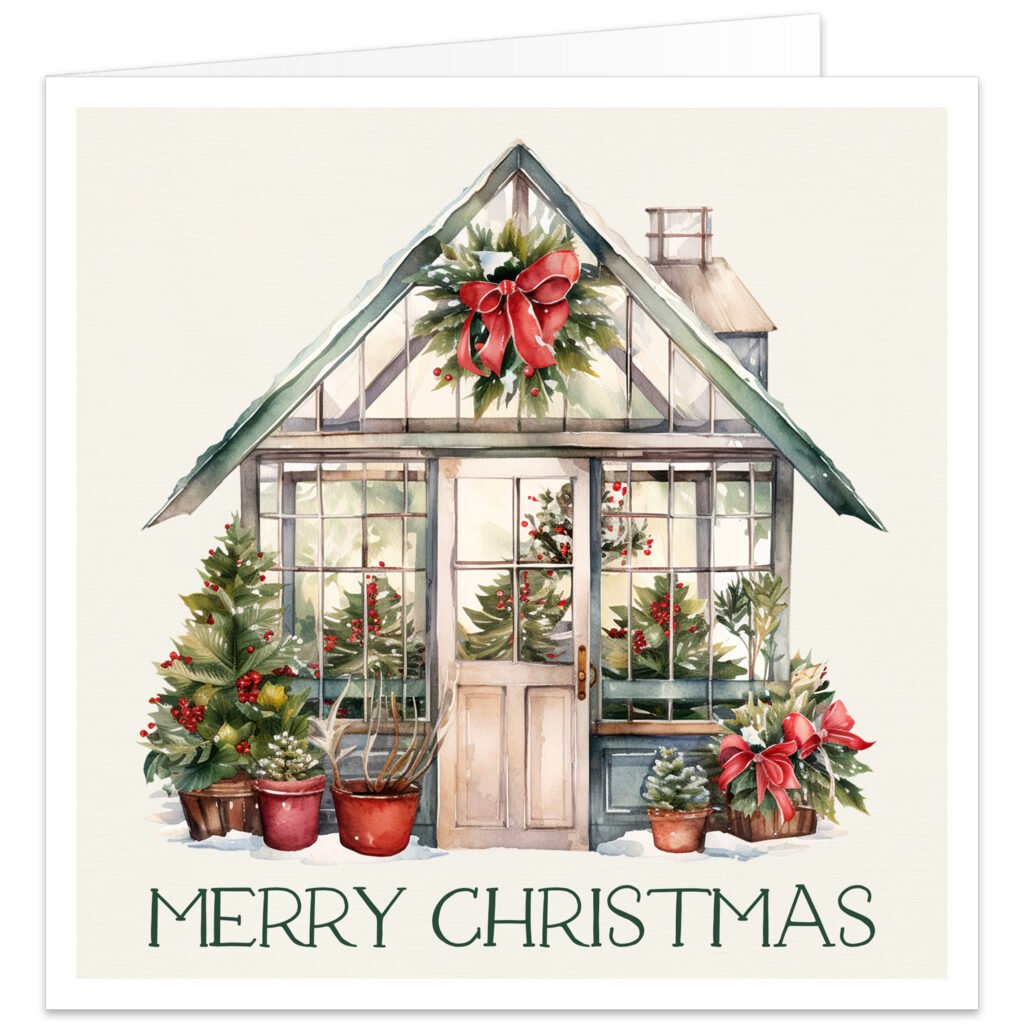 Watercolour festive greenhouse Christmas card featuring a traditional glasshouse filled with lush green plants and potted foliage, decorated with a large Christmas wreath, bright red bows, holly berries, miniature fir trees and touches of winter snow. Elegant dark green text below the illustration reads “Merry Christmas”, creating a traditional botanical design for a keen gardener, plant lover or greenhouse enthusiast.