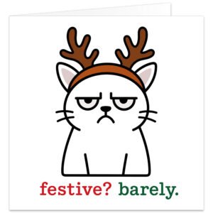 Funny cat Christmas card featuring a minimalist white grumpy cat with half-closed eyes wearing large brown reindeer antlers on an orange headband. The unimpressed cat sits on a clean white background above the festive red and green text “festive? barely.” A humorous sarcastic Christmas card design for cat owners, cat lovers, Mum, Dad, friends and relatives.