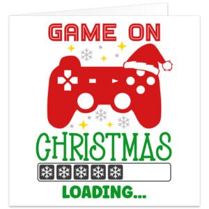 Gaming Christmas card with bold red games controller wearing a Father Christmas hat on a white background, surrounded by grey snowflakes and yellow starbursts. Large red text reads “GAME ON” above the controller, with green “CHRISTMAS” below. A festive gaming-style loading bar filled with snowflakes appears above the green wording “LOADING...”, creating a fun video game themed Christmas card for male and female gamers of all ages.
