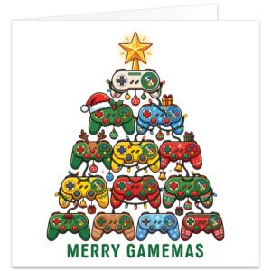 Colourful gamer Christmas card featuring a festive tree made from stacked retro-style gaming controllers decorated with Christmas lights, snowflakes, baubles, presents, reindeer antlers, bells and a Santa hat. A gold star tops the controller tree against a clean white background. Large green text underneath reads “MERRY GAMEMAS”, creating a funny Christmas gaming pun for male and female gamers.