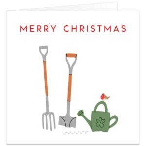 Gardener Christmas card featuring a festive robin perched on a green watering can with garden spade and fork in the snow.