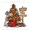 Hiking Christmas card featuring a festive tree decorated with red baubles, lights, pine cones, walking map, compass and hiking boot topper. Red walking poles, rucksack and boots sit in a snowy mountain scene beside a rustic wooden trail sign reading “Happy Christmas to a Great Hiker”. A festive outdoor card for hikers, walkers, ramblers, trekking enthusiasts and countryside lovers.