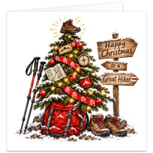 Hiking Christmas card featuring a festive tree decorated with red baubles, lights, pine cones, walking map, compass and hiking boot topper. Red walking poles, rucksack and boots sit in a snowy mountain scene beside a rustic wooden trail sign reading “Happy Christmas to a Great Hiker”. A festive outdoor card for hikers, walkers, ramblers, trekking enthusiasts and countryside lovers.