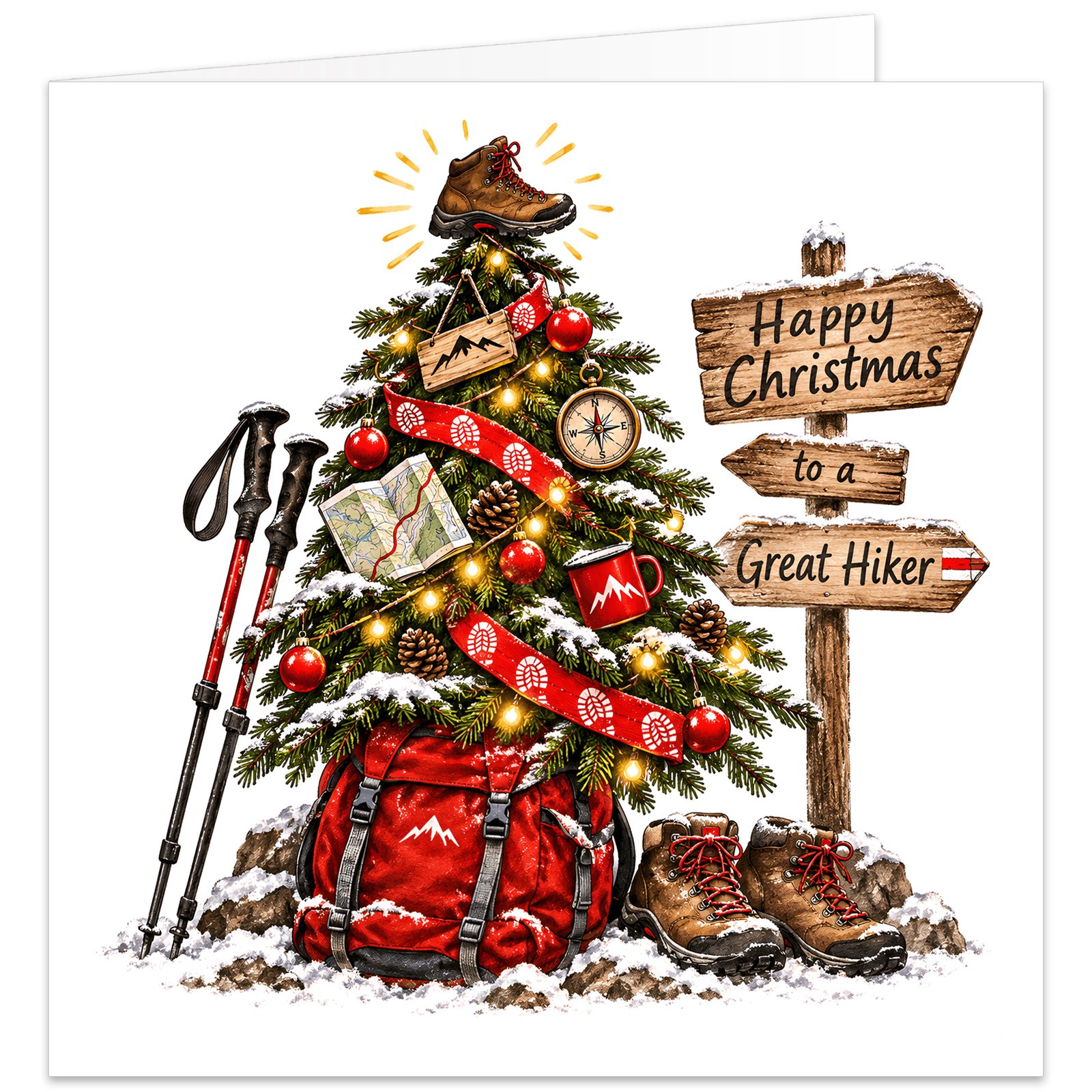 Hiking Christmas card featuring a festive tree decorated with red baubles, lights, pine cones, walking map, compass and hiking boot topper. Red walking poles, rucksack and boots sit in a snowy mountain scene beside a rustic wooden trail sign reading “Happy Christmas to a Great Hiker”. A festive outdoor card for hikers, walkers, ramblers, trekking enthusiasts and countryside lovers.