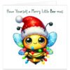 Cute bee themed Christmas card featuring a fluffy yellow and black bee with large glossy eyes, blue wings and a red Santa hat, wrapped in colourful festive fairy lights on a white background. Dark green handwritten text reads “Have Yourself a Merry Little Bee-mas”.
