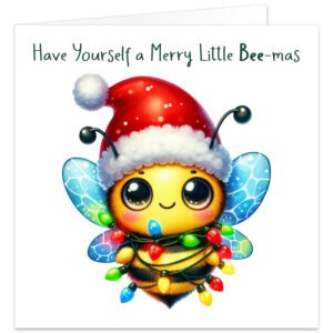 Cute bee themed Christmas card featuring a fluffy yellow and black bee with large glossy eyes, blue wings and a red Santa hat, wrapped in colourful festive fairy lights on a white background. Dark green handwritten text reads “Have Yourself a Merry Little Bee-mas”.