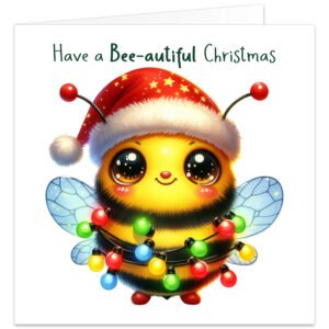 Alt text: Cute bee-themed Christmas card featuring a fluffy yellow and black bumblebee with large sparkling eyes and rosy cheeks, wearing a red Santa hat decorated with gold stars. The bee is wrapped in colourful glowing Christmas lights with translucent wings visible behind. Dark green festive text above reads “Have a Bee-autiful Christmas”. Set on a clean white background, creating a cheerful Christmas card for bee lovers and fans of cute festive designs.