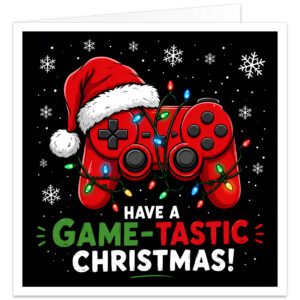 Funny gaming Christmas card featuring a bold red games controller wearing a Santa hat and wrapped in colourful festive lights. White snowflakes decorate the black background with red, green and white text reading “Have a Game-Tastic Christmas!” A fun festive card design for male and female gamers, including sons, daughters, brothers, sisters, partners, friends and gaming enthusiasts.