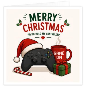Funny gamer Christmas card with the text “Merry Christmas” and “Ho Ho Hold My Controller”. Festive illustration features a black games controller wearing a red Santa hat beside a red “Game On” mug, green Christmas present, candy cane and holly with berries. Red and green typography and pixel-style heart details complete this cheerful gaming Christmas card for male and female video game fans of all ages.