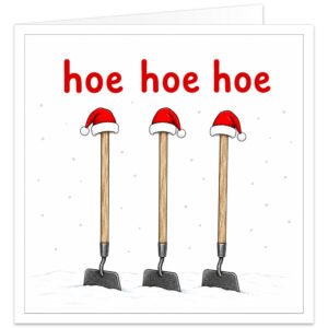 Funny gardener Christmas card featuring three hand-drawn garden hoes standing upright in snow, each wearing a red Santa hat, with falling snowflakes and bold red “Hoe Hoe Hoe” text on a white background. Festive gardening pun card for keen gardeners, allotment owners and vegetable growers.