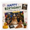 Funny AI birthday card featuring a golden retriever in sunglasses, party-hat T. rex, guitar-playing robot, hamster, cat, birthday cake, balloons and quirky random objects.