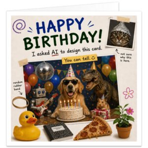 Funny AI birthday card featuring a golden retriever in sunglasses, party-hat T. rex, guitar-playing robot, hamster, cat, birthday cake, balloons and quirky random objects.