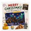 Funny AI Joke Christmas card showing Santa riding a Christmas-light-covered T Rex through a snowy festive scene, surrounded by flying reindeer, a UFO abducting a cow, a cat, pizza, rubber duck, robot, presents and other deliberately random objects.