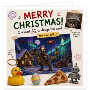 Funny AI Joke Christmas card showing Santa riding a Christmas-light-covered T Rex through a snowy festive scene, surrounded by flying reindeer, a UFO abducting a cow, a cat, pizza, rubber duck, robot, presents and other deliberately random objects.