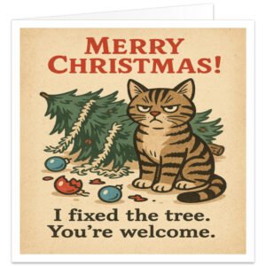 Funny cat Christmas card featuring a grumpy tabby cat sitting beside a toppled Christmas tree with fallen branches, scattered red baubles and a broken decoration on a warm cream background. Bold red text reads “MERRY CHRISTMAS!” above the vintage-style illustration, with the humorous message “I fixed the tree. You’re welcome.” underneath. Festive cat card for a cat owner, cat lover, Mum or Dad.