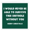 Funny Christmas card for work colleague with dark green background, bold white text and rude sweary workplace humour, ideal for co-worker or work bestie.