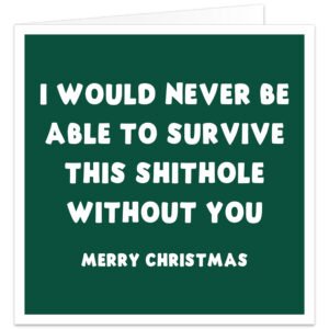 Funny Christmas card for work colleague with dark green background, bold white text and rude sweary workplace humour, ideal for co-worker or work bestie.