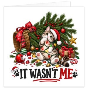 Funny cat Christmas card featuring a mischievous tabby kitten wearing a red Santa hat and tangled in colourful festive lights, sitting amongst fallen Christmas tree branches, broken baubles, scattered decorations and presents. Text reads “IT WASN’T ME”, creating a humorous festive design for cat mums, cat dads, cat owners and cat lovers.