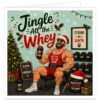 Funny gym Christmas card featuring the text “Jingle All the Whey”. Colourful illustration of a muscular male bodybuilder in a Santa hat and festive red gym wear, sitting on a weight bench with a protein shaker. Surrounded by dumbbells, weights, protein tubs, Christmas tree, presents, fairy lights, holly and snowflakes. Festive fitness humour for a gym bro, gym rat, lifter, bodybuilder or fitness enthusiast.