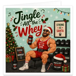 Funny gym Christmas card featuring the text “Jingle All the Whey”. Colourful illustration of a muscular male bodybuilder in a Santa hat and festive red gym wear, sitting on a weight bench with a protein shaker. Surrounded by dumbbells, weights, protein tubs, Christmas tree, presents, fairy lights, holly and snowflakes. Festive fitness humour for a gym bro, gym rat, lifter, bodybuilder or fitness enthusiast.