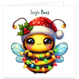 Cute bee-themed Christmas card featuring an adorable yellow and black bumblebee wearing a red Santa hat with snowflakes, holly and berries. The bee is wrapped in colourful glowing Christmas lights and has large sparkling eyes, rosy cheeks and blue wings. Dark green text above reads “Jingle Bees” on a clean white background, creating a playful festive pun ideal for bee lovers, beekeepers and nature enthusiasts.