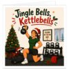 Funny Christmas gym card for women featuring the words “Jingle Bells, Kettlebells” in red and green lettering. A strong female weightlifter in festive gym wear and a Santa hat kneels while lifting a 24kg kettlebell overhead. The colourful gym scene includes kettlebells, a decorated Christmas tree, presents, fairy lights, holly, snow and a framed “Sleigh The Day” sign. Ideal for female gym lovers, weightlifters and fitness enthusiasts.